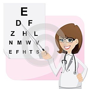 Cartoon girl ophthalmologist with chart testing eyesight