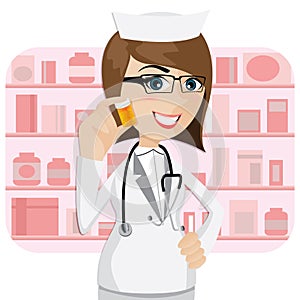 Cartoon girl pharmacist showing medicine bottle photo