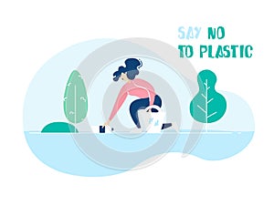 Cartoon girl picking up trash in nature. Ecology banner with text Say no to plastic. Vector poster