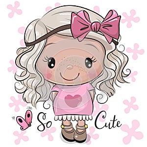 Cartoon Girl in a pink dress with bow