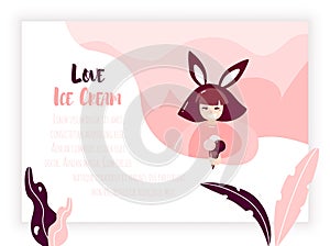 Cartoon girl with rabbit ears,  ice cream and plants. Summer banner in trendy flat linear style. Vector