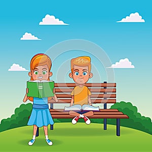 Cartoon girl reading a book and blonde boy sitting on a bench