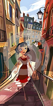 a cartoon girl in a red dress is walking down a narrow street