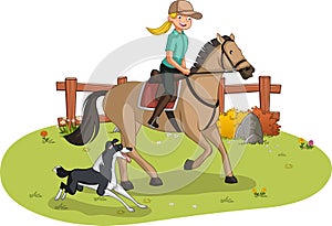 Cartoon girl riding horse.