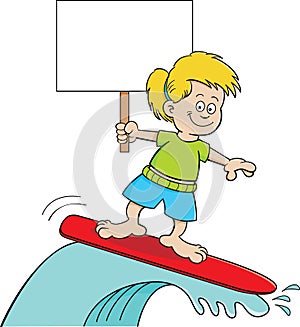 Cartoon girl riding a surfboard while holding a sign.