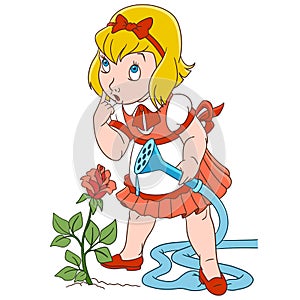 Cartoon girl and rose flower