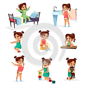 cartoon girl daily routine activity set