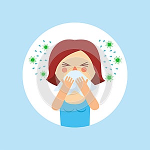 Cartoon girl with a runny nose. A woman with a handkerchief sneezes, splashes and germs fly around. Flu, viral disease.