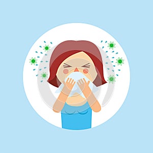 Cartoon girl with a runny nose. A woman with a handkerchief sneezes, splashes and germs fly around. Flu, viral disease. photo