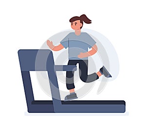 Cartoon girl runs on track in gym flat style illustration