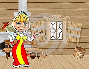 Cartoon girl in Russian national dress in a wooden house