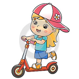 Cartoon girl on the scooter. Summer activity. Colorful vector illustration for kids