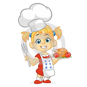 Cartoon girl serving roasted thanksgiving turkey dish. Thanksgiving design.