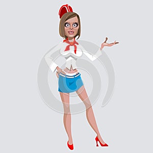 Cartoon girl in a short skirt with a red tie and garrison cap