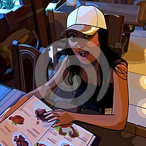 Cartoon girl sitting in a restaurant and very surprised looking through the menu