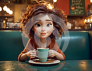 a cartoon girl is sitting at a table holding a cup of coffee