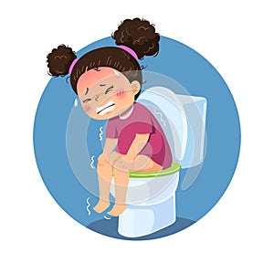 Cartoon girl sitting on the toilet and suffering from diarrhea or constipation. Health Problems concept