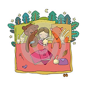 Cartoon girl sleeping in bed. Baby and toys. animals of the forest. Children s tale. Time to sleep. Good night