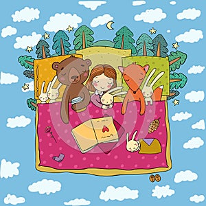 Cartoon girl sleeping in bed. Baby and toys. animals of the forest. Children s tale. Time to sleep. Good night - Vector