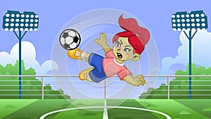 Cartoon girl soccer player kicking the ball