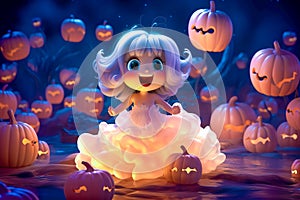 cartoon girl stands in a pumpkin field in the forest. Halloween spirit in the forest