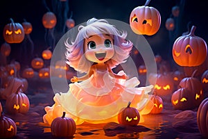 cartoon girl stands in a pumpkin field in the forest. Halloween spirit in the forest