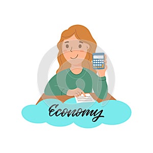 This is a cartoon girl student holding a calculator in economics class learning to count money. School illustration