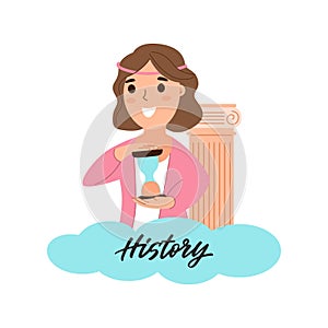 This is a cartoon girl student holding an hourglass in history class. School illustration