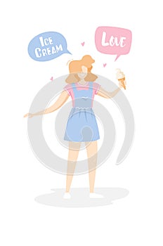Cartoon girl in the sundress with ice cream cone on white background. Cute card in trendy flat linear style