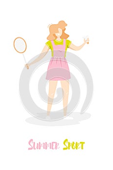 Cartoon girl in the sundress with racket and shuttlecock on white background. Cute card in trendy flat linear style