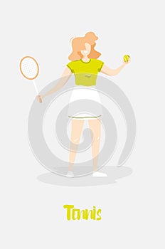 Cartoon girl in the sundress with racket and tennis ball on gray background. Cute card in trendy flat linear style. Vector