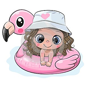 Cartoon girl swimming on pool ring inflatable flamingo