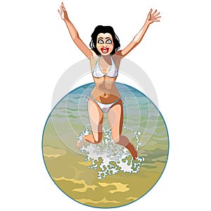 Cartoon girl in a swimsuit joyously jumping in the water