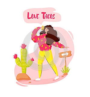 Cartoon girl with taco and arrow points to the fast food cafe. Vector mexican banner in flat style