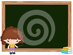 Cartoon of girl teaching on blackboard