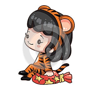 Cartoon girl in tiger costume for chinese  new year 2022.