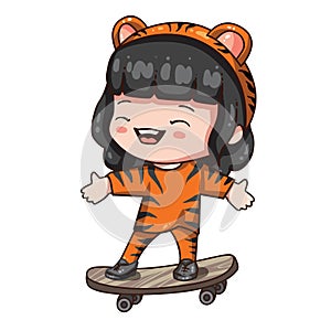 Cartoon girl in tiger costume for chinese new year 2022.