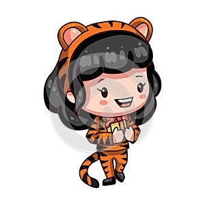 Cartoon girl in tiger costume for new year 2022.