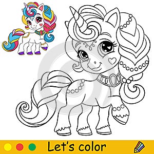Cartoon girl unicorn with jewels coloring book page vector