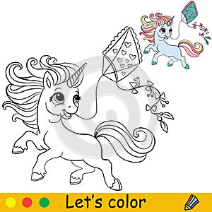 Cartoon girl unicorn with kite coloring book page vector