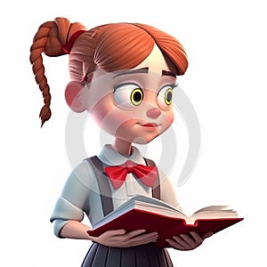 Cartoon girl with vibrant red hair is deeply engrossed in reading book. She stands,
