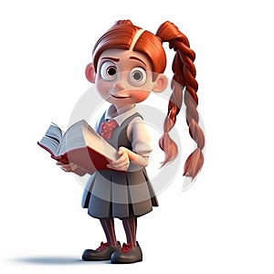 Cartoon girl with vibrant red hair is deeply engrossed in reading book. She stands, holding book with both hands,