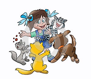 Cartoon girl wearing a blue dress feeding her pets vector illustration