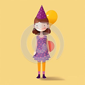 Cartoon girl wearing a party hat and holding balloons on a yellow background