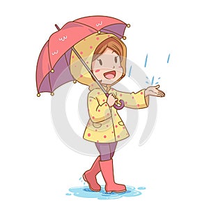 Cartoon girl wearing raincoat with umbrella.