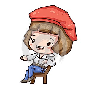 Cartoon girl in white blouse, blue jeans and red beret sitting on the chair.