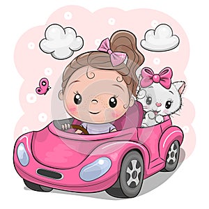 Cartoon Girl with white kitty goes on a pink car