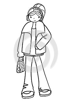 Cartoon girl in winter clothes with headphones and bag