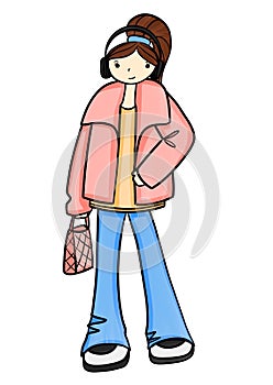 Cartoon girl in winter clothes with headphones and bag