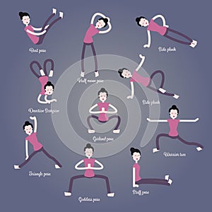 Cartoon girl in Yoga poses with titles for beginners isolated on grey background. Asanas Infographic Elements and